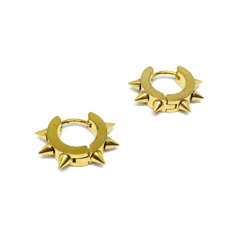 A pair of stylish spiked mini-hoop earrings made from 18ct gold plated stainless steel, showcasing sharp spikes and a sleek design.