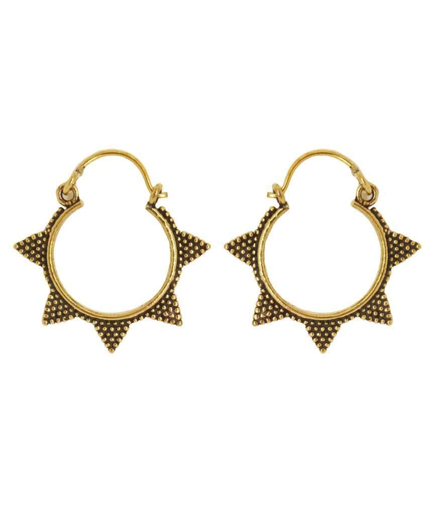 A pair of Spiked Sun Hoop Earrings featuring a circular design with spikes and a spotted pattern, crafted from hypoallergenic brass.