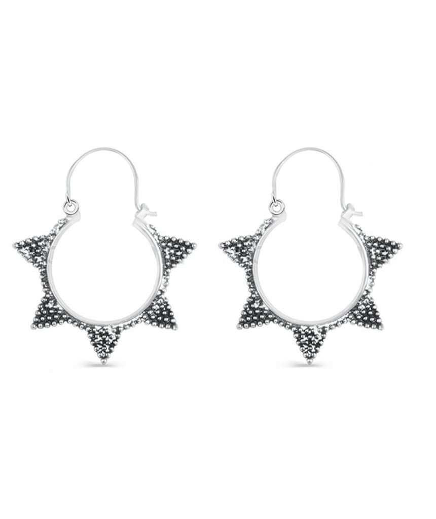 A pair of Spiked Sun Hoop Earrings featuring a circular design with spikes and a spotted pattern, crafted from hypoallergenic brass.