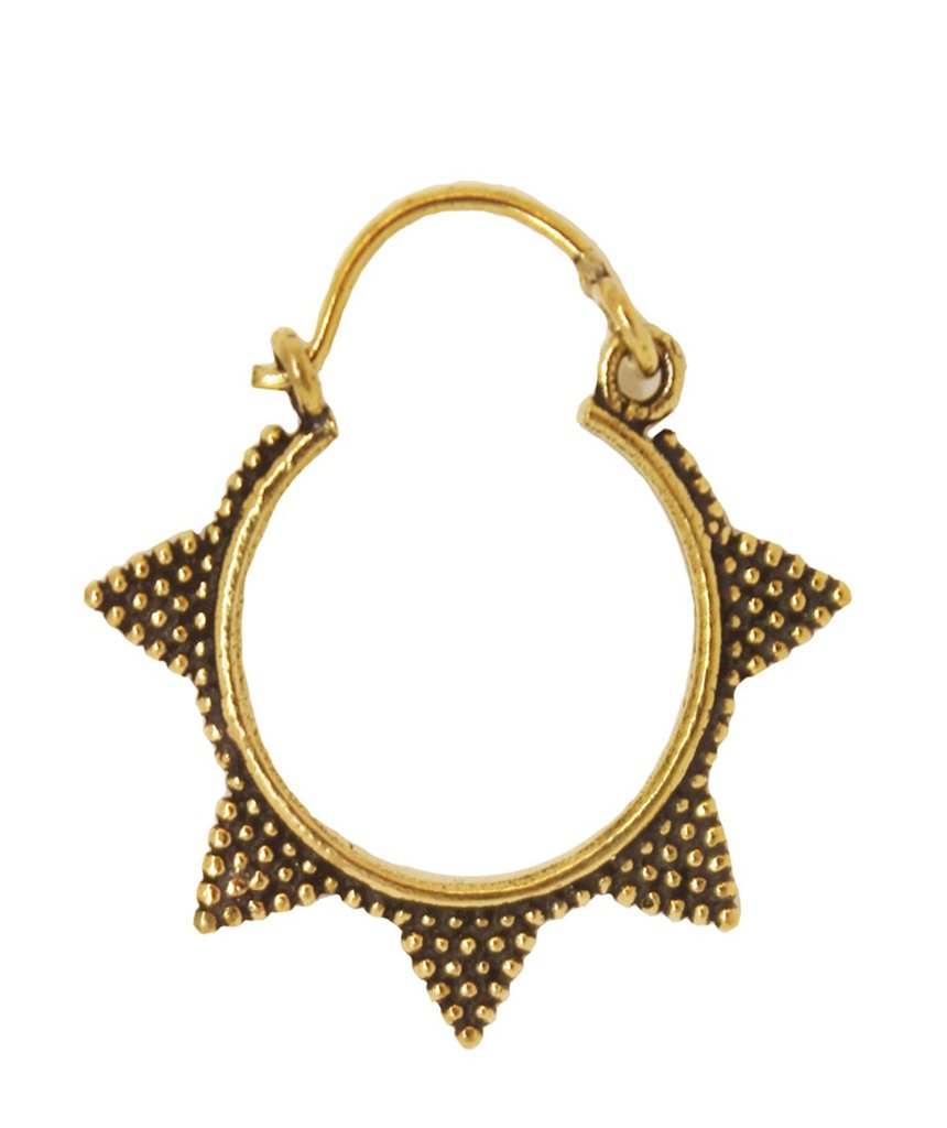 A pair of Spiked Sun Hoop Earrings featuring a circular design with spikes and a spotted pattern, crafted from hypoallergenic brass.