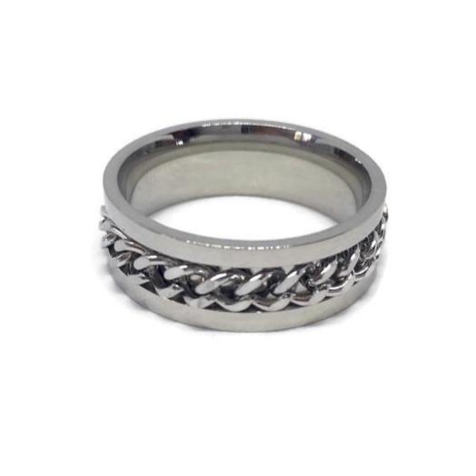 Spinning Curb Chain Band Ring made of stainless steel, featuring a unique spinning design, available in various sizes and colors.