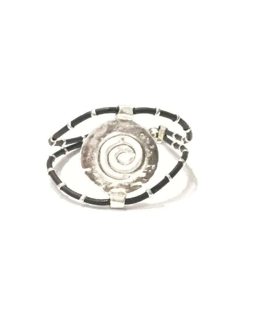 A stylish Spiral Leather Bracelet featuring gold and silver accents, adjustable lobster clasp, and a unique spiral design, suitable for all wrist sizes.