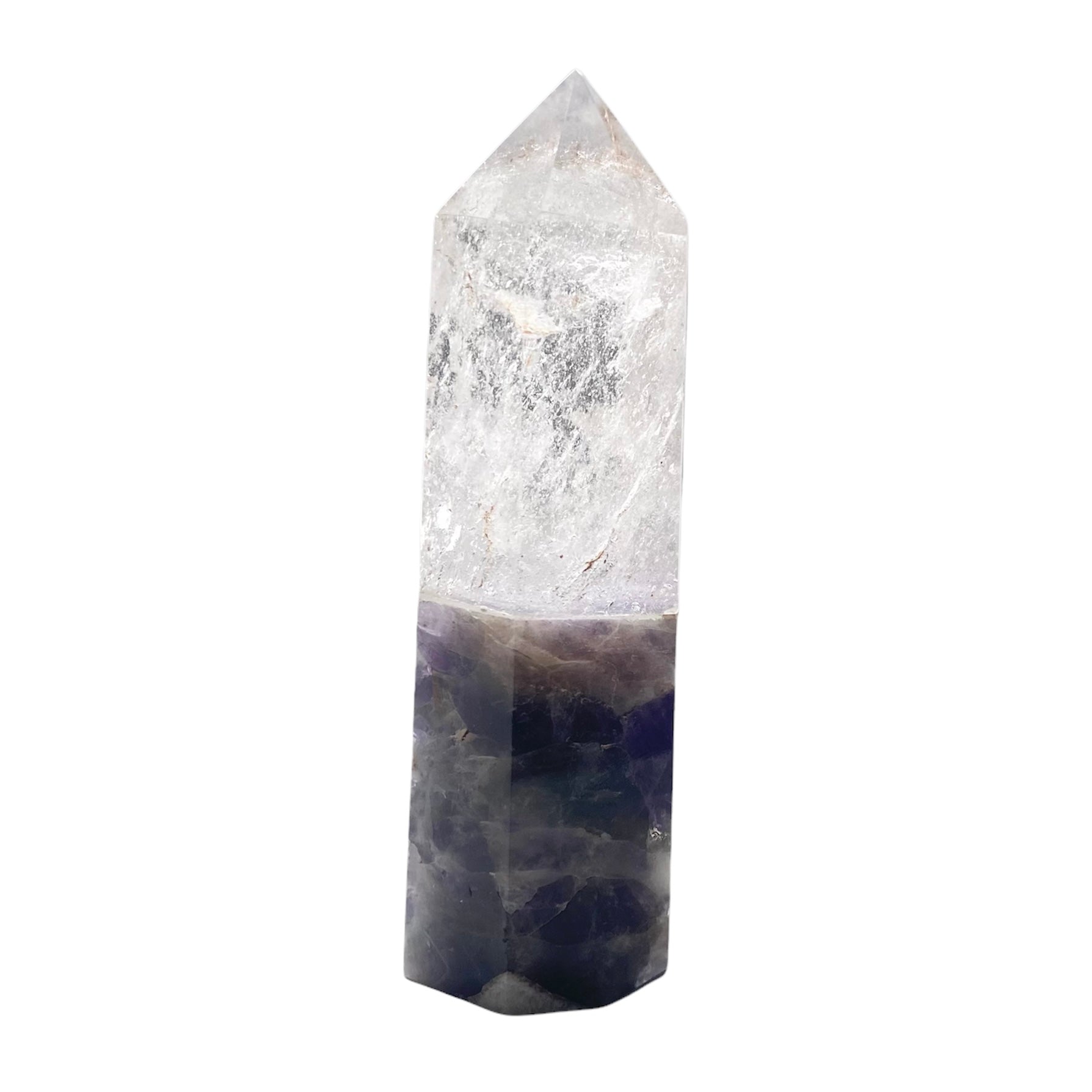 A collection of spliced crystal points featuring Clear Quartz, Rose Quartz, Sodalite, and Amethyst, showcasing their unique colors and shapes.