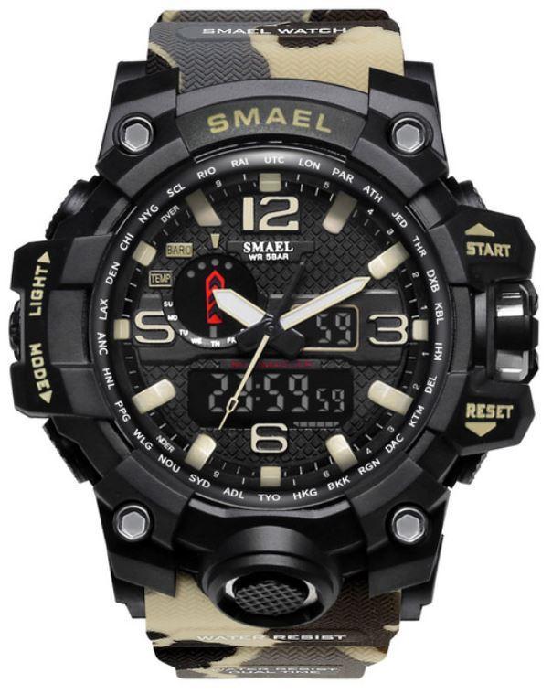 Brown camouflage sports watch with durable strap and clear face.