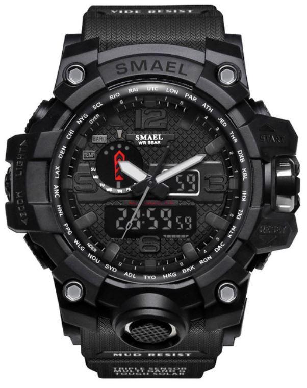 Sports-3ATM-510013 watch in jet black with rubber strap, featuring alarm, stopwatch, and calendar functions.