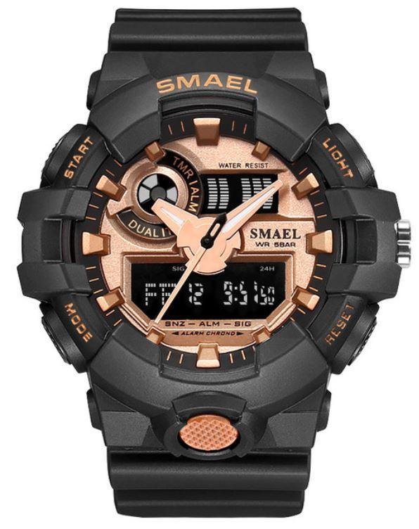 Stylish Sports-3ATM-510035 watch featuring a Black and Rose color scheme, perfect for sports and casual wear.