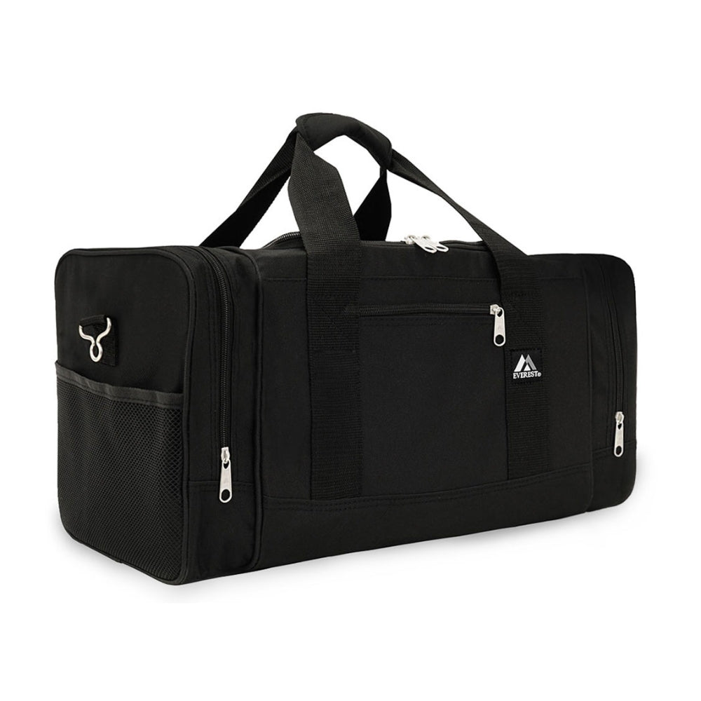 Sporty Gear Duffel Bag in black with spacious compartments and padded shoulder straps, ideal for sports and travel.