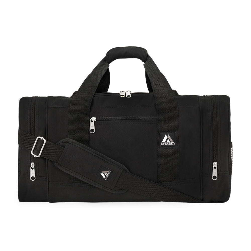 Sporty Gear Duffel Bag in black with spacious compartments and padded shoulder straps, ideal for sports and travel.