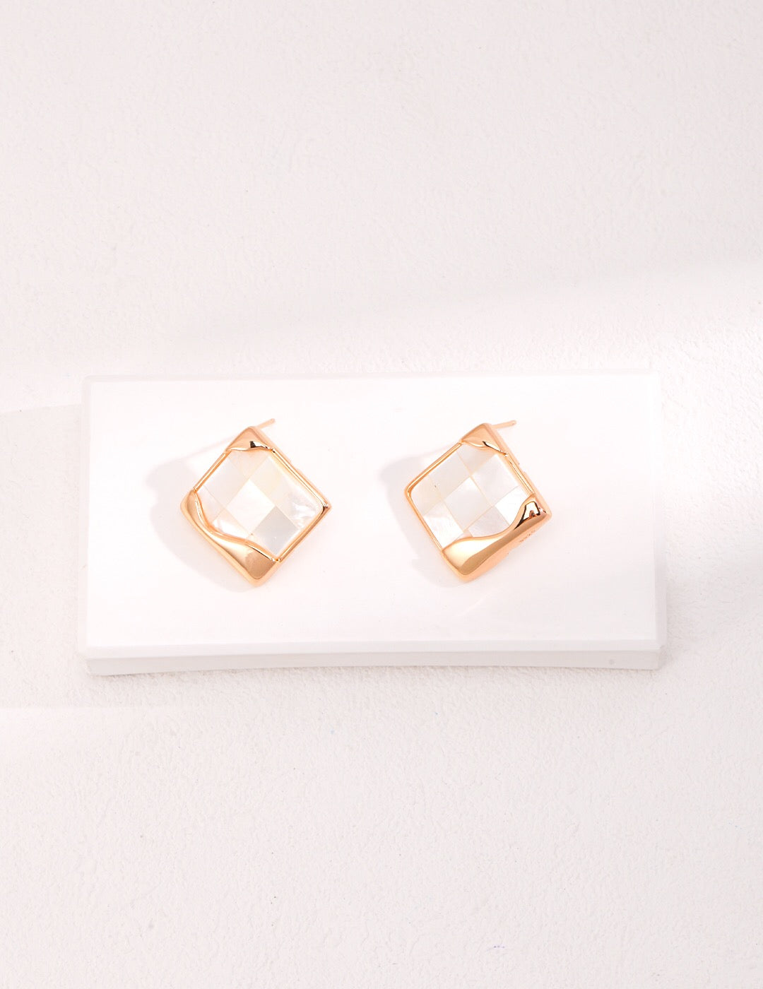 Elegant Square Mosaic Shell Stud Earrings made from Mother of Pearl and gold vermeil, showcasing a unique square design.