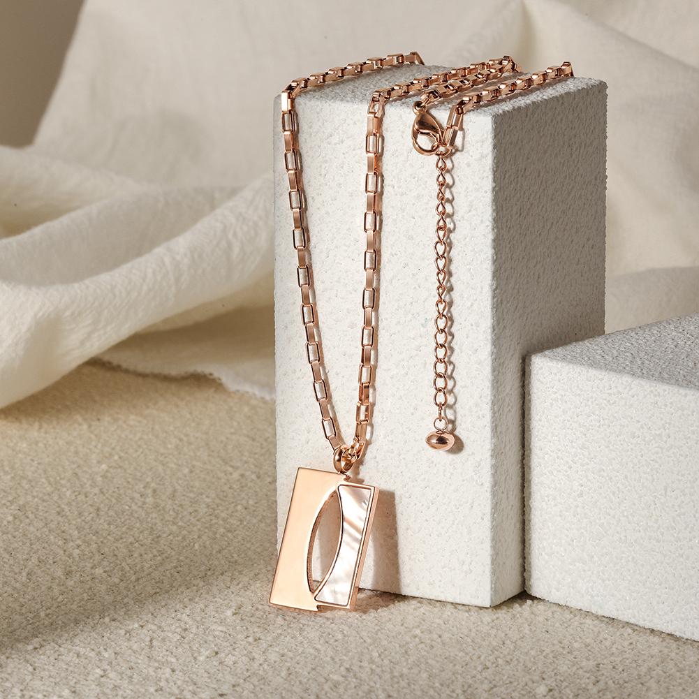 Elegant Square Shell Necklace made of 316L surgical stainless steel with 14K gold PVD plating, showcasing its unique design and luxurious finish.