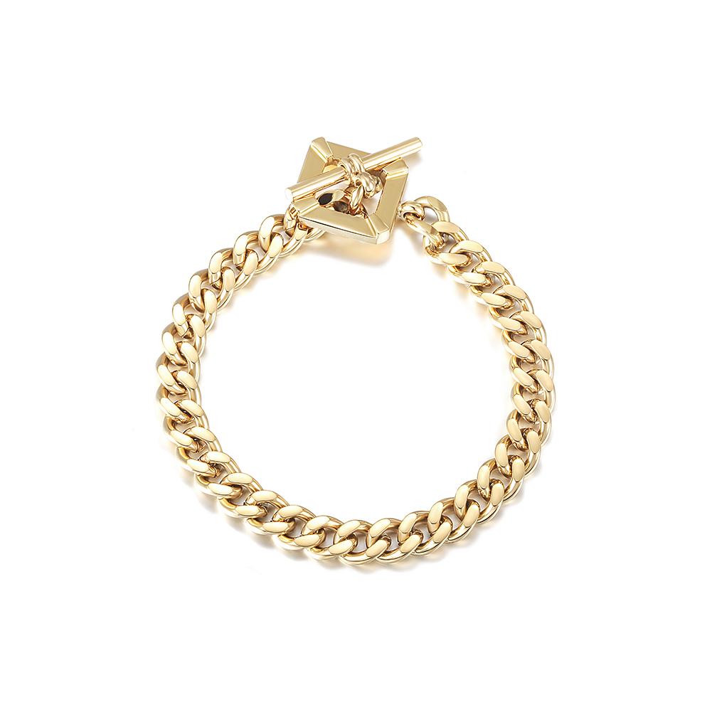 A stylish Square Toggle Clasp Chain Bracelet made of 316L surgical stainless steel with 14K gold PVD plating, showcasing its elegant design.