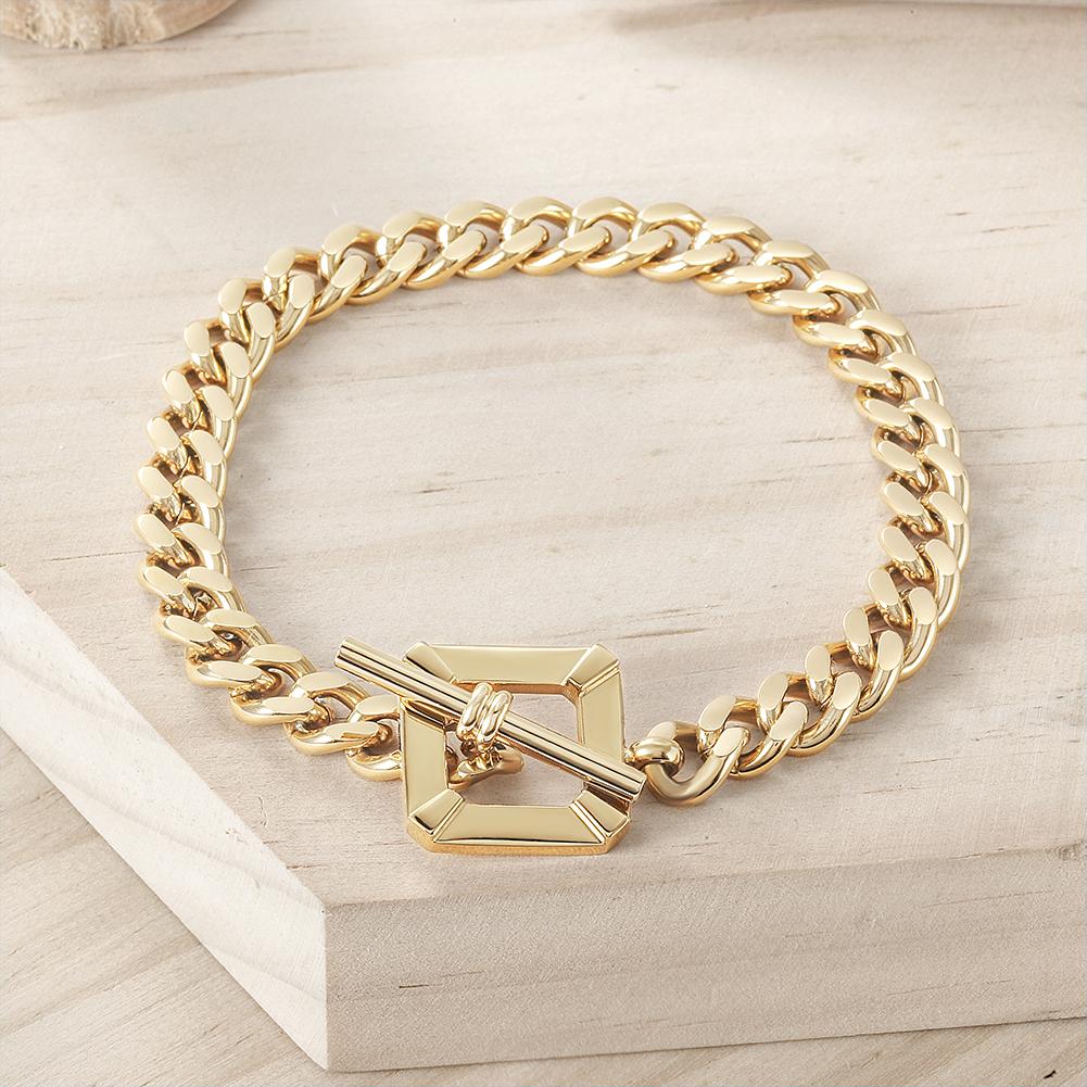 A stylish Square Toggle Clasp Chain Bracelet made of 316L surgical stainless steel with 14K gold PVD plating, showcasing its elegant design.