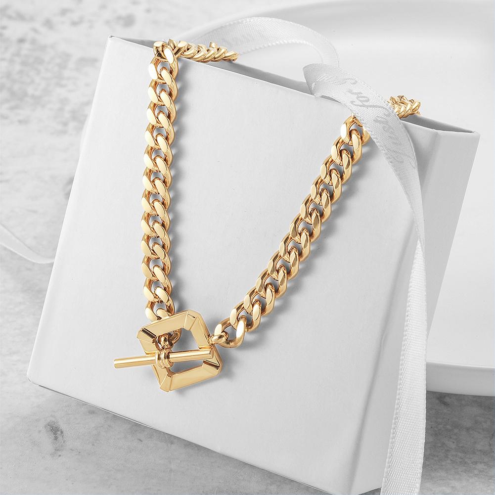 A stylish Square Toggle Clasp Chain Necklace made of 316L surgical stainless steel with 14K gold PVD plating, showcasing its elegant design.