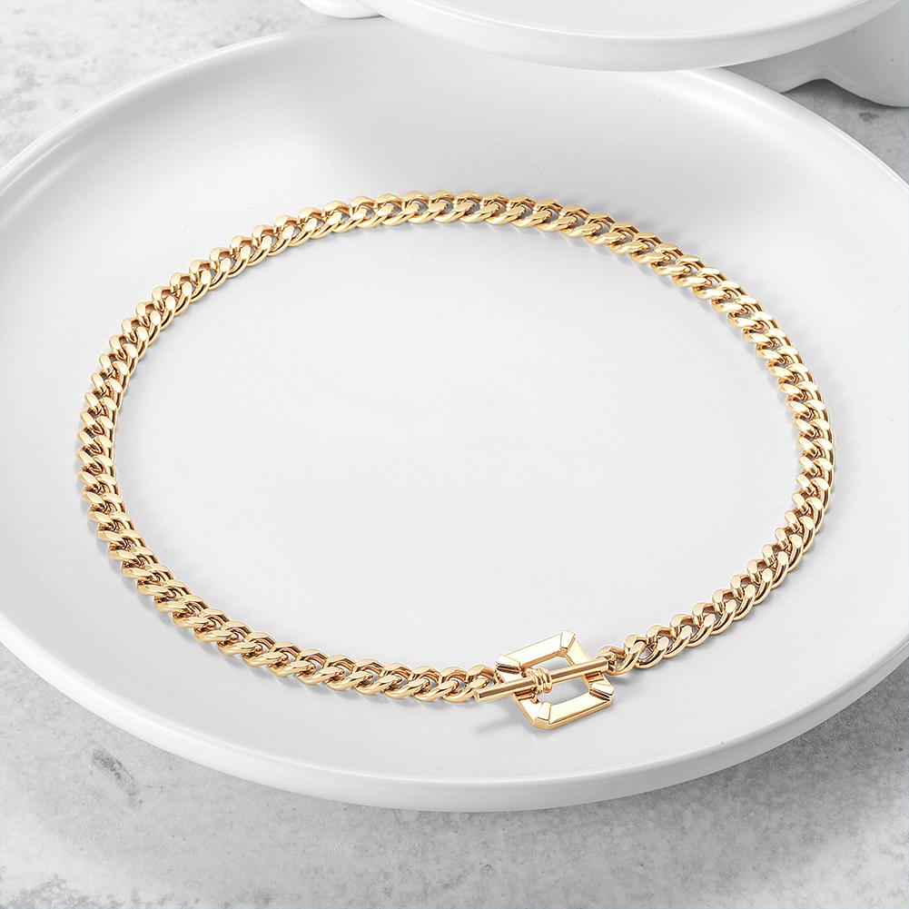 A stylish Square Toggle Clasp Chain Necklace made of 316L surgical stainless steel with 14K gold PVD plating, showcasing its elegant design.