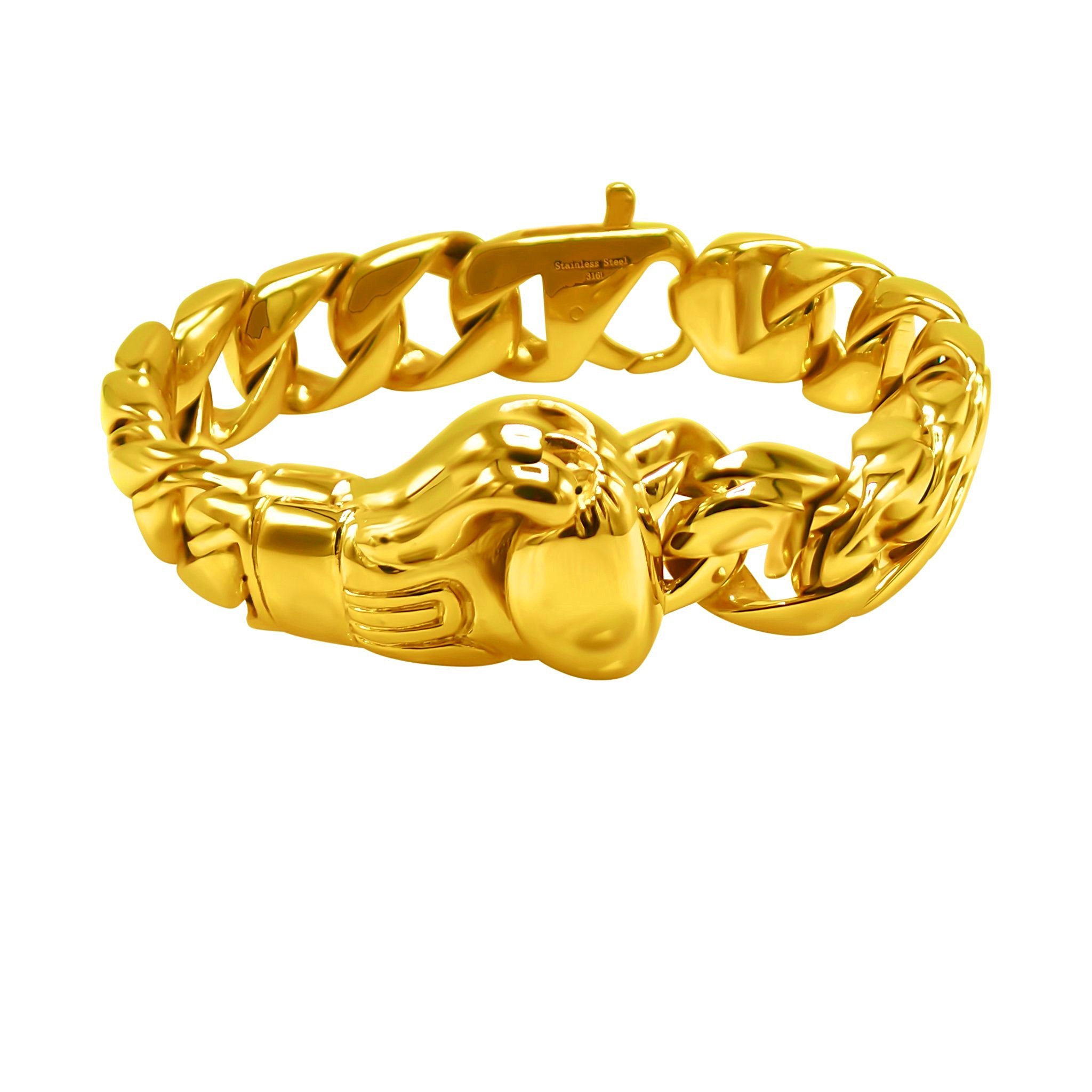 A stylish gold-colored stainless steel glove bracelet showcasing intricate design and durability.