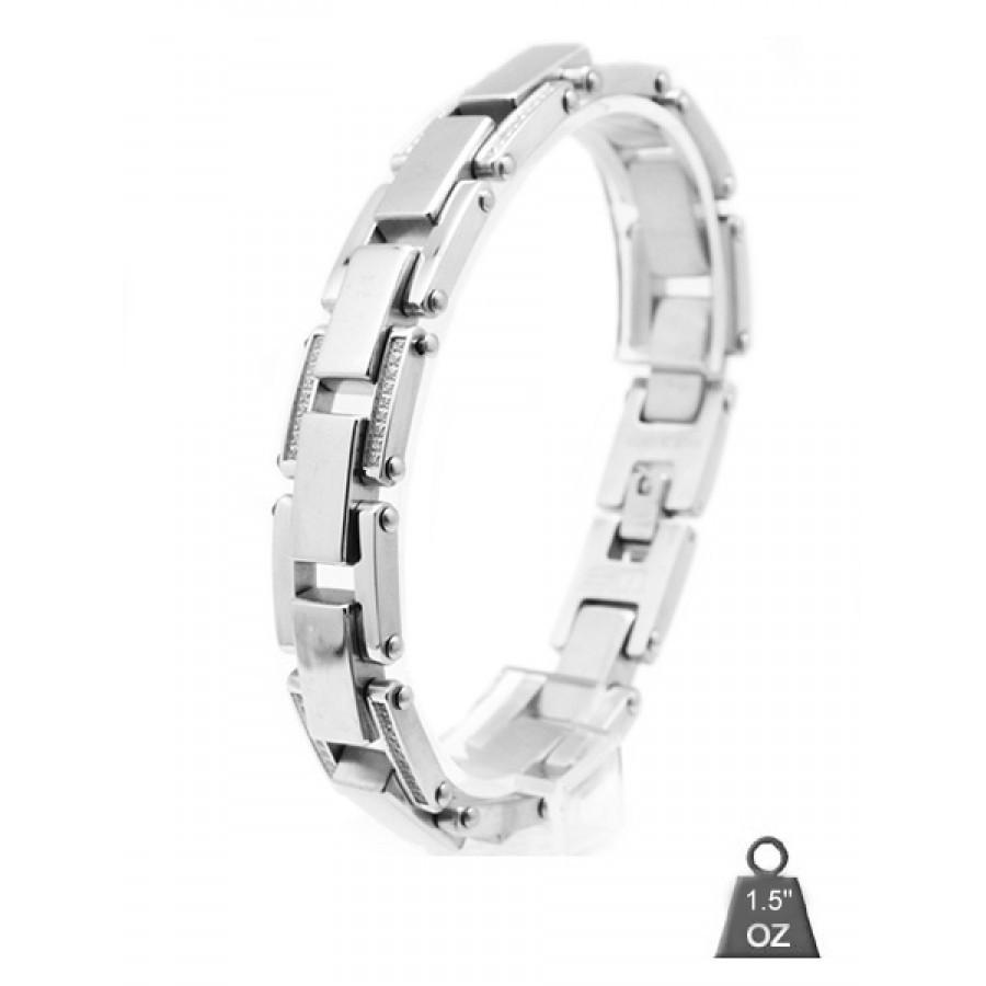 A stylish stainless steel bracelet featuring sparkling cubic zirconia stones, showcasing a modern design.