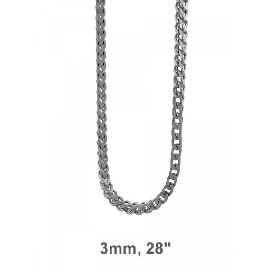 A durable stainless steel chain, showcasing its shiny finish and strong links, suitable for various applications.