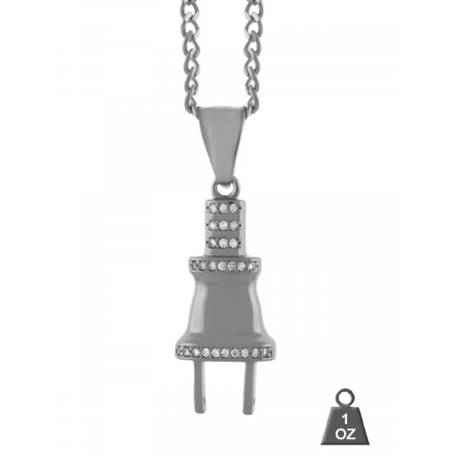 A sleek stainless steel chain with a stylish charm, showcasing its lightweight design and elegant finish.