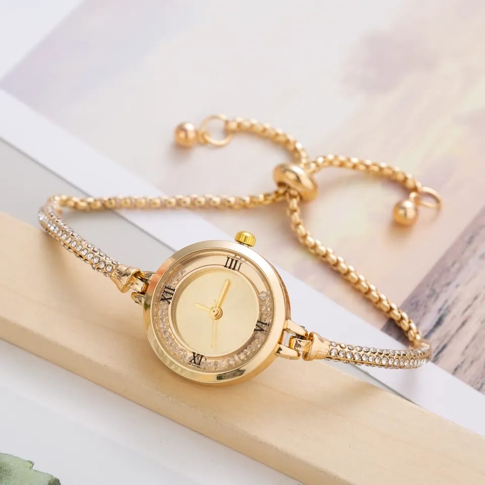 Stainless Steel Gold and Silver Bangle Adjustable Bracelet Wrist Watch with white Roman dial, showcasing elegance and versatility.