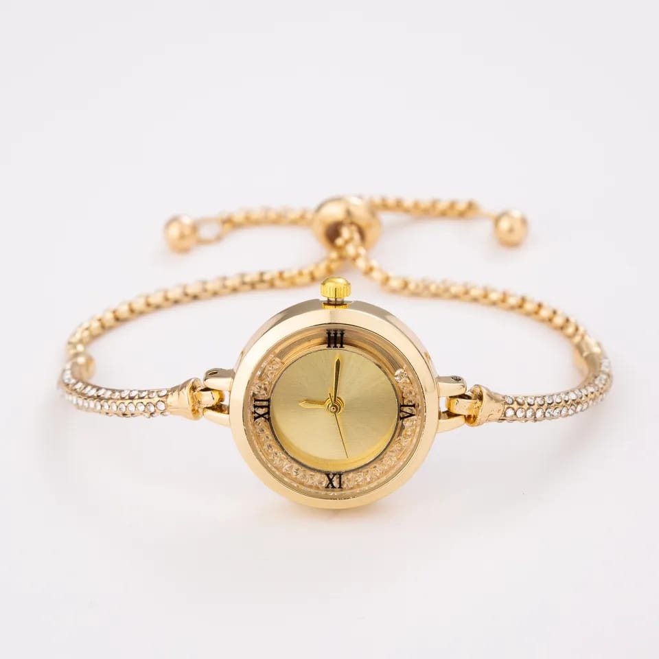 Stainless Steel Gold and Silver Bangle Adjustable Bracelet Wrist Watch with white Roman dial, showcasing elegance and versatility.