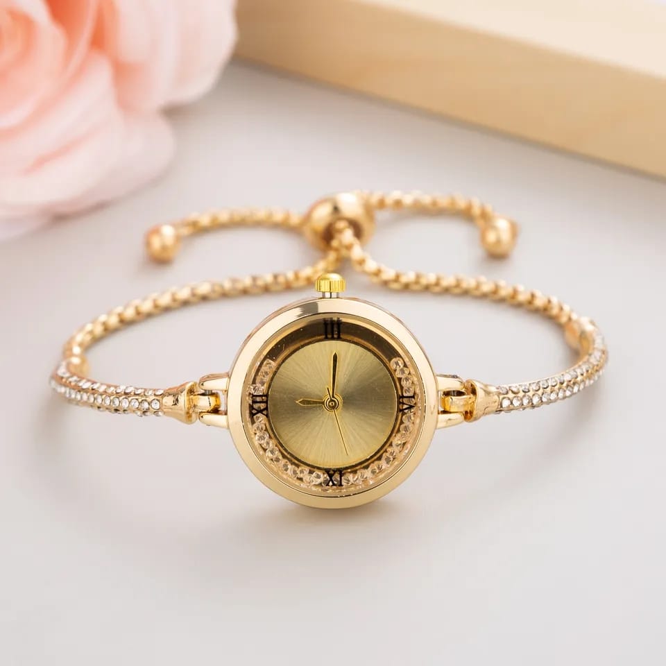 Stainless Steel Gold and Silver Bangle Adjustable Bracelet Wrist Watch with white Roman dial, showcasing elegance and versatility.