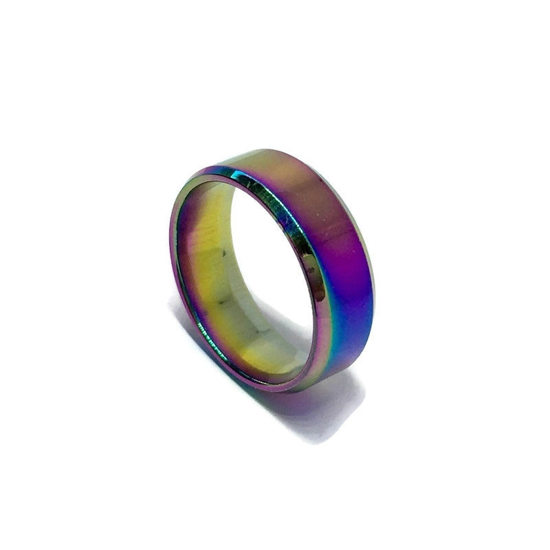 A sleek stainless steel plain band ring, showcasing its shiny surface and simple design, suitable for both men and women.