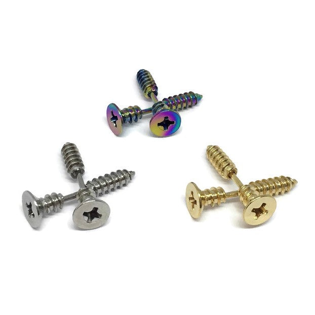 A pair of stylish stainless steel screw earrings, 18ct gold plated, showcasing their elegant design and color options.