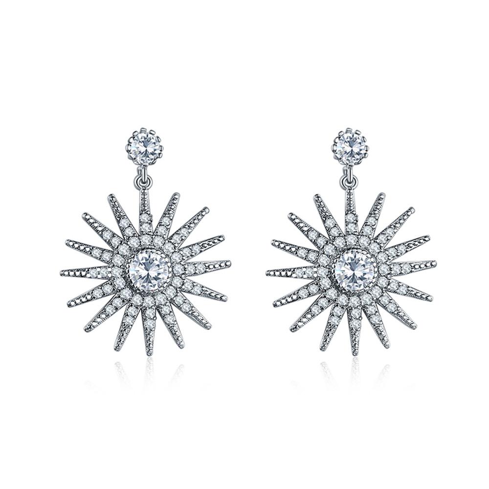 Elegant star dangle earrings featuring white diamond cubic zirconia set in 18k white gold plating, showcasing a stunning design.