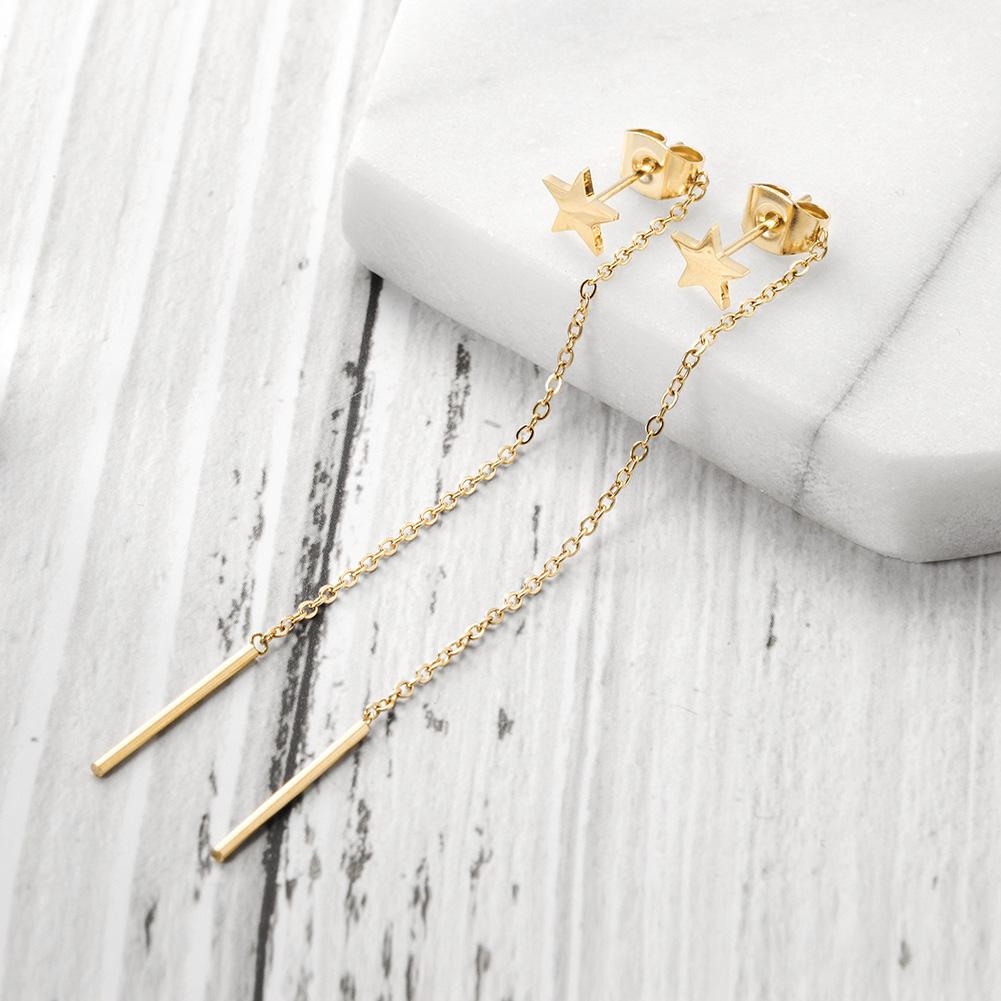 Elegant Star Front/Back Drop Earrings made of surgical stainless steel with gold plating.