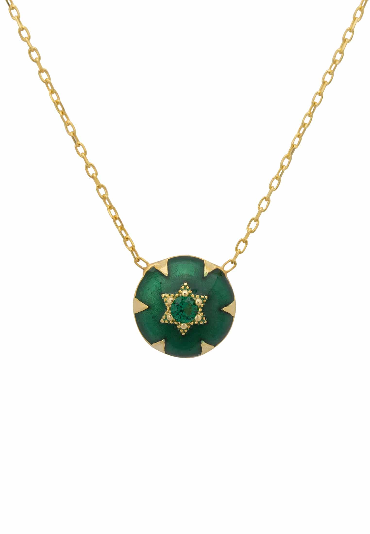 Elegant Star of David necklace featuring green enamel and gold, with emerald zircon centerpiece.