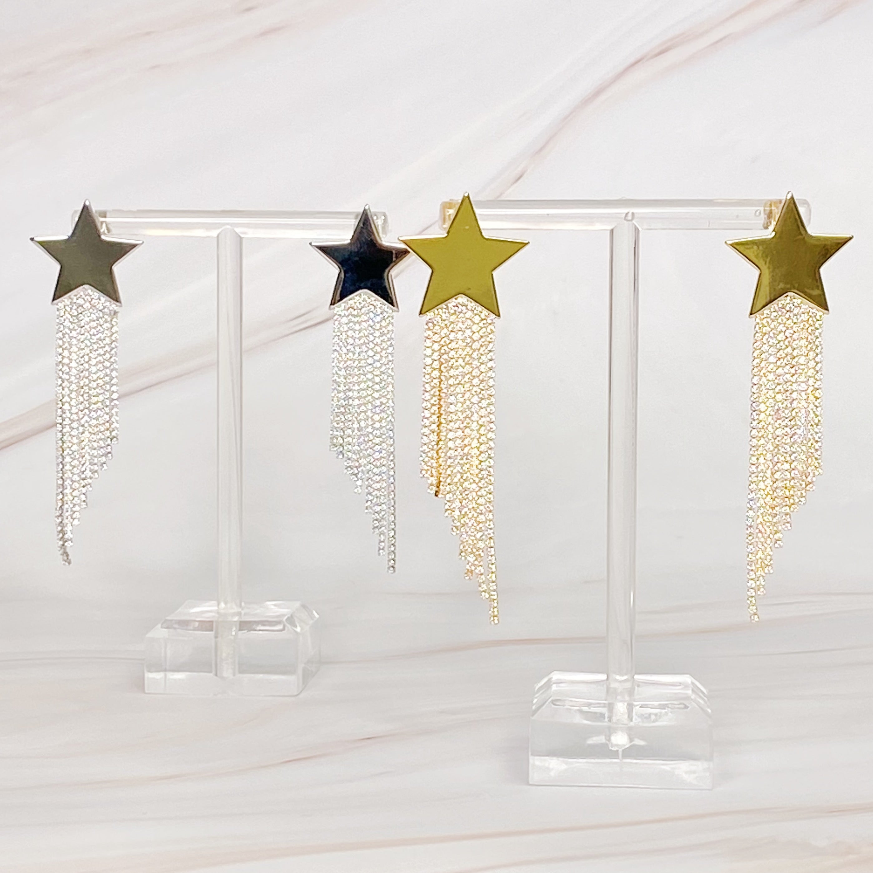 Elegant Star Shine Cascade Earrings featuring shiny rhinestone strands and a star accent, perfect for any occasion.