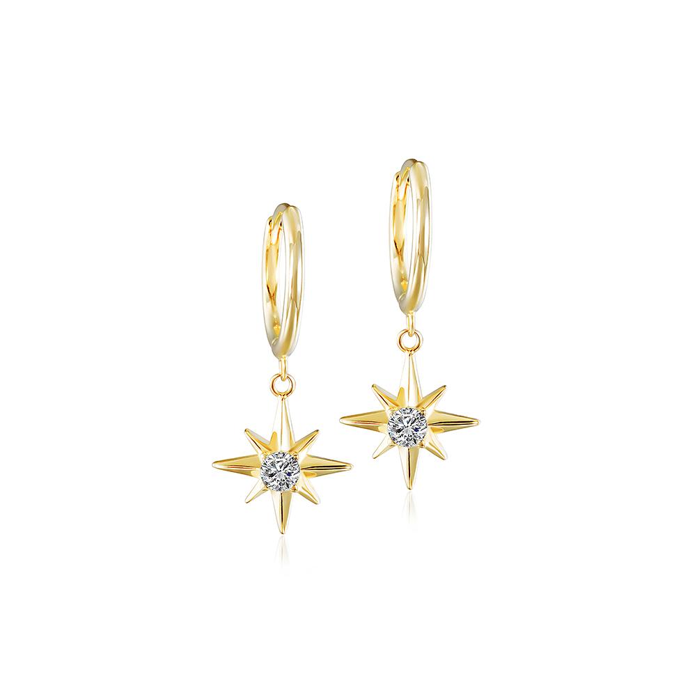 Elegant Starburst Dangle Hoop Earrings made from stainless steel with gold plating, featuring a unique starburst design.