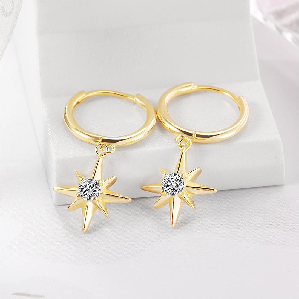 Elegant Starburst Dangle Hoop Earrings made from stainless steel with gold plating, featuring a unique starburst design.