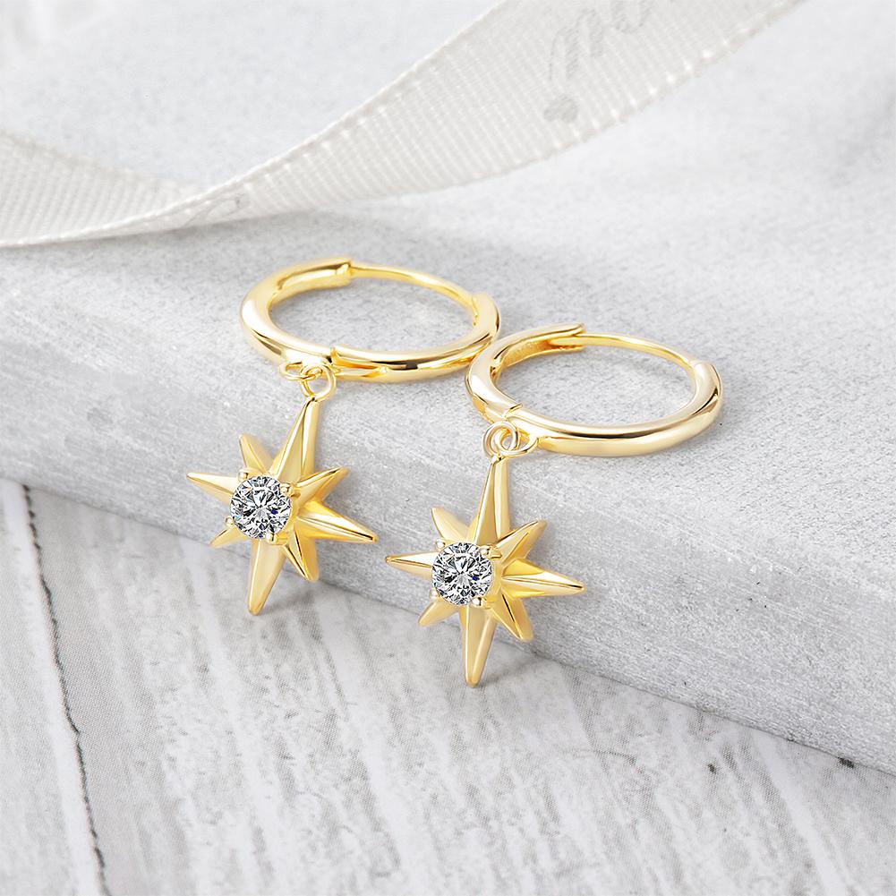 Elegant Starburst Dangle Hoop Earrings made from stainless steel with gold plating, featuring a unique starburst design.