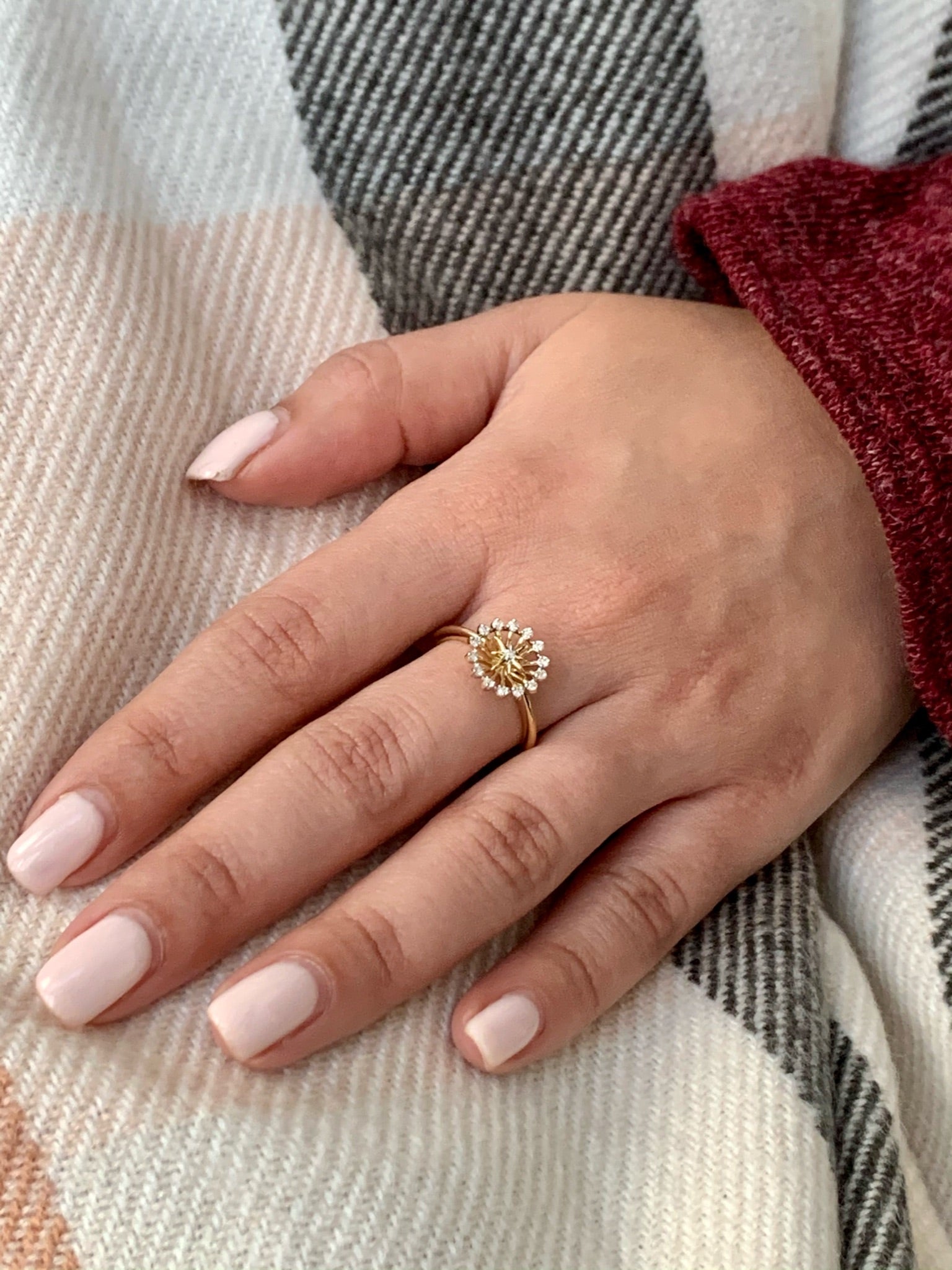 Starburst Diamond Ring featuring genuine diamonds set in 14K Yellow Gold Vermeil on Sterling Silver, showcasing its elegant design.