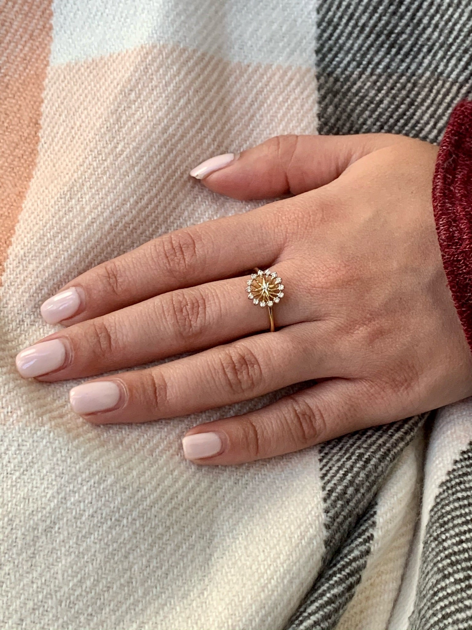 Starburst Diamond Ring featuring genuine diamonds set in 14K Yellow Gold Vermeil on Sterling Silver, showcasing its elegant design.