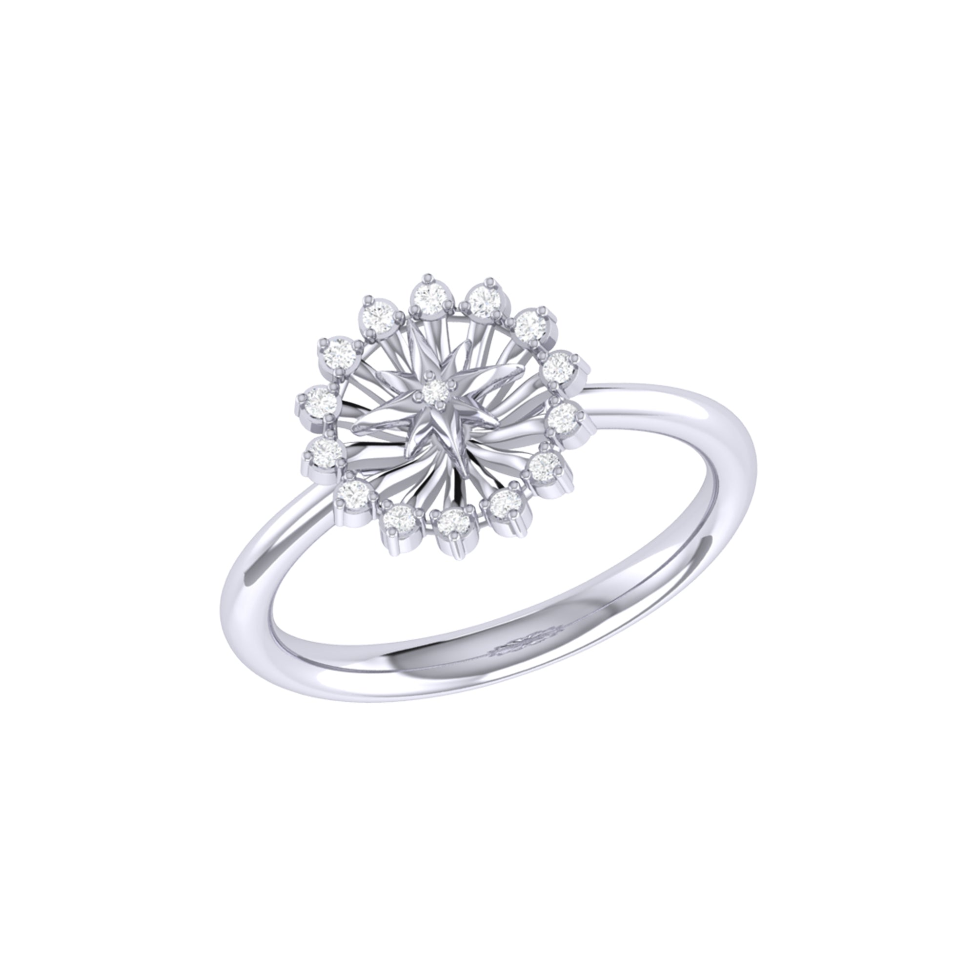 A stunning Starburst Diamond Ring crafted in 925 Sterling Silver, featuring genuine diamonds in a collet prong setting.