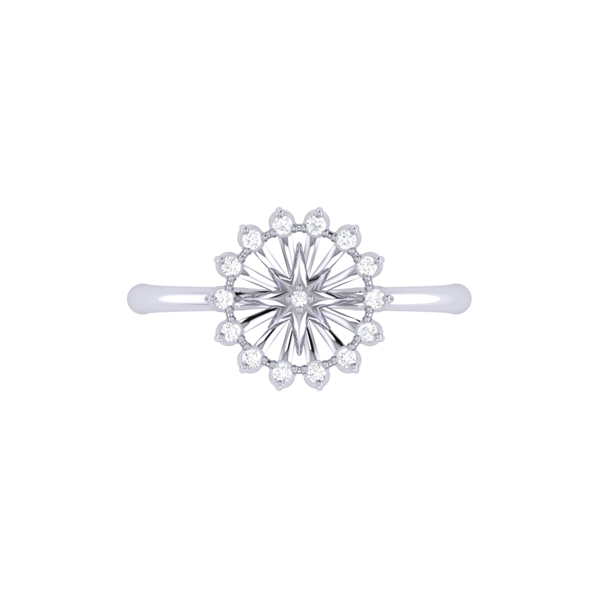 A stunning Starburst Diamond Ring crafted in 925 Sterling Silver, featuring genuine diamonds in a collet prong setting.