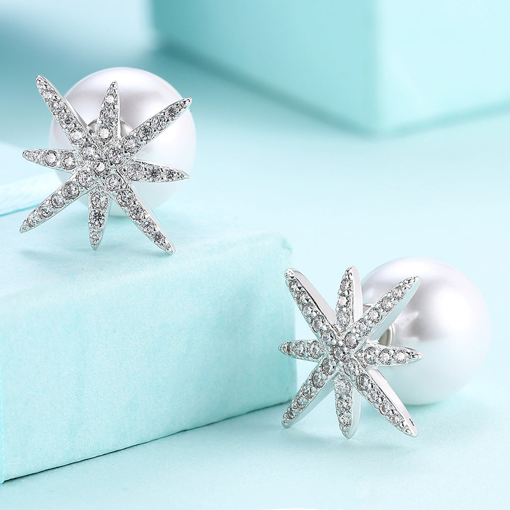 Starburst Freshwater Pearl Double Stud Earring in 18K White Gold Plate, featuring elegant pearls and a luxurious finish.