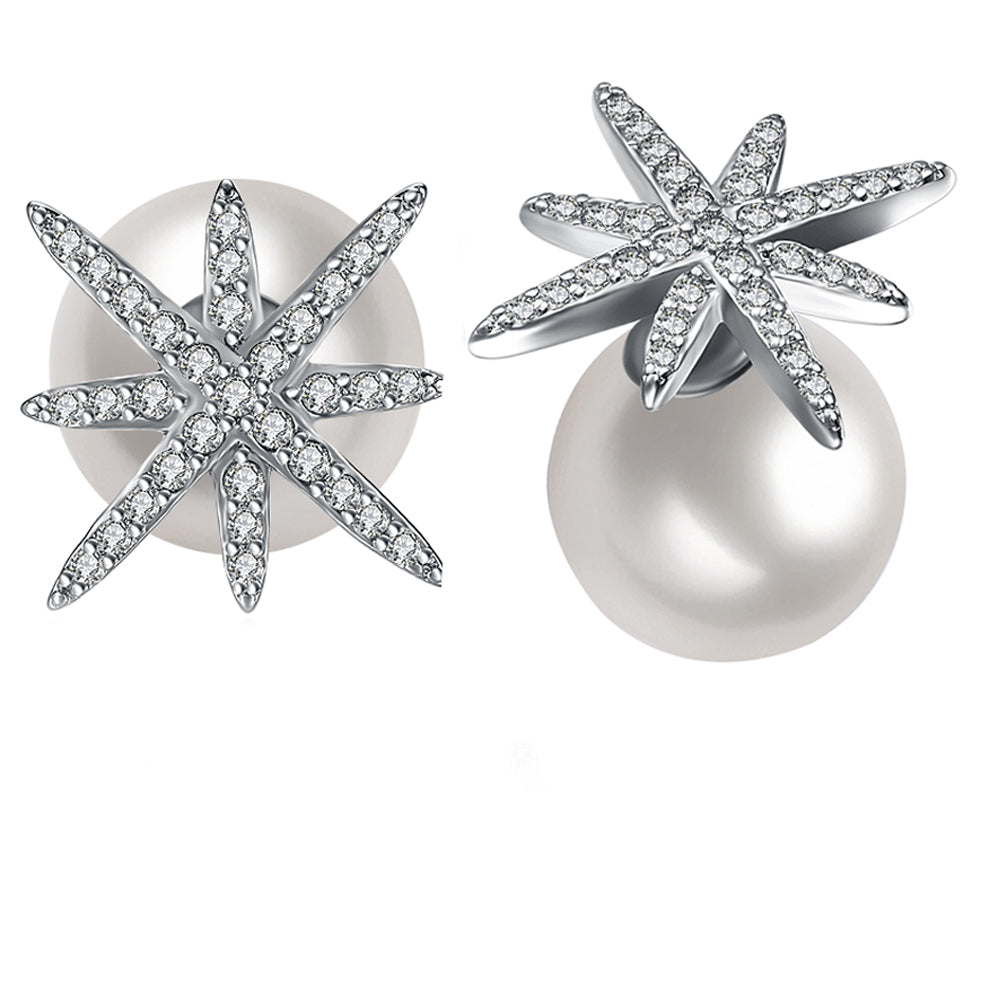 Starburst Freshwater Pearl Double Stud Earring in 18K White Gold Plate, featuring elegant pearls and a luxurious finish.