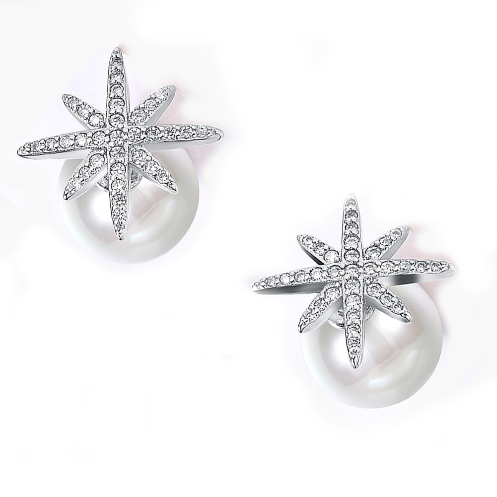 Starburst Freshwater Pearl Double Stud Earring in 18K White Gold Plate, featuring elegant pearls and a luxurious finish.