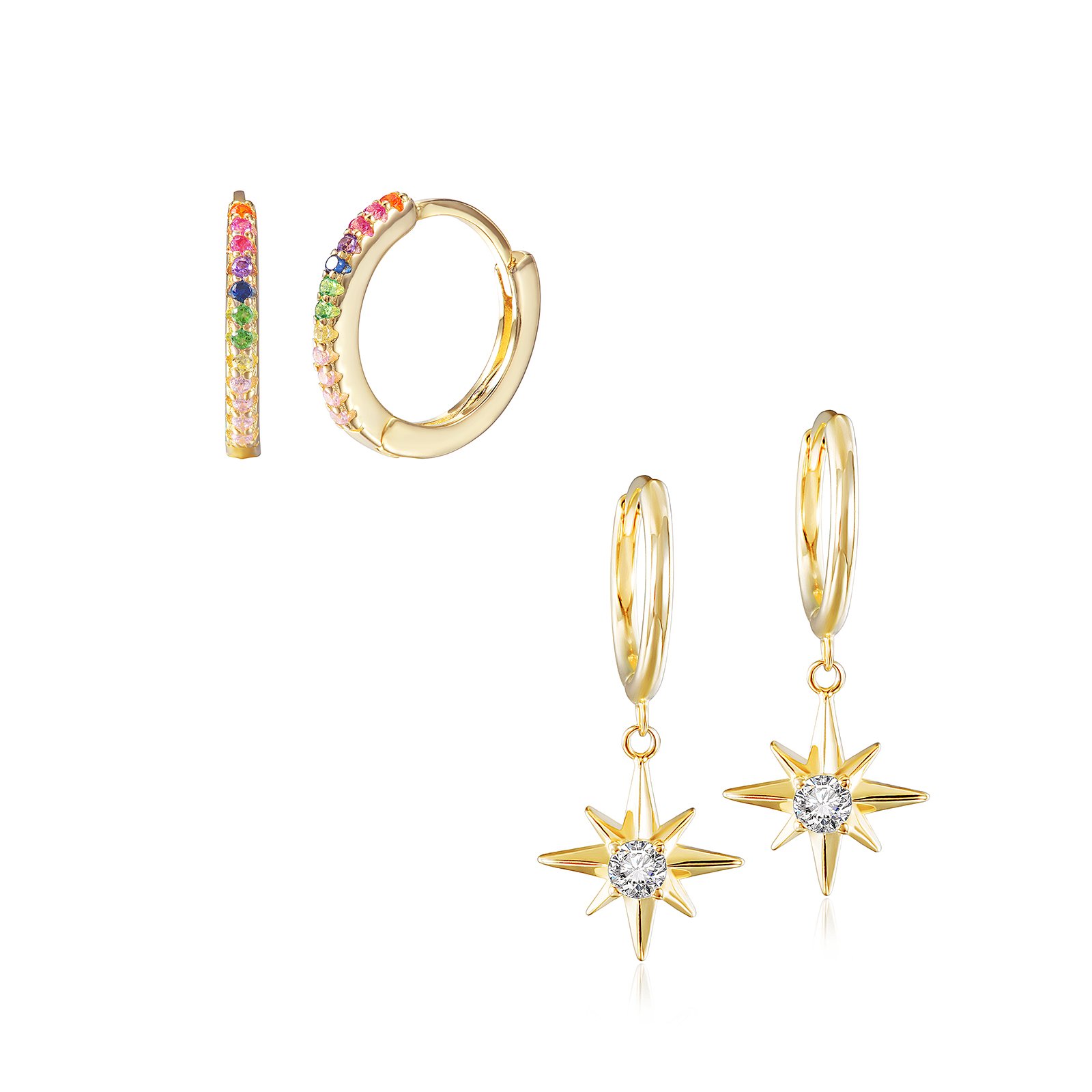 Starburst Rainbow Hoop Sets featuring vibrant cubic zirconia stones in a gold-plated sterling silver design, elegantly displayed in a gift box.