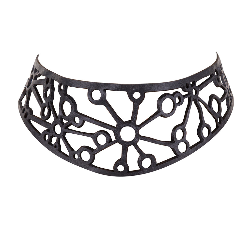 Stargate Statement Vegan Choker made from recycled rubber, featuring a bold retro design and adjustable length with two buttons.