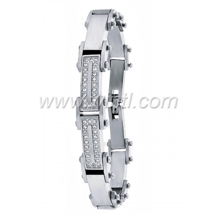 A stylish steel bracelet featuring sparkling cubic zirconia stones, showcasing a modern design.