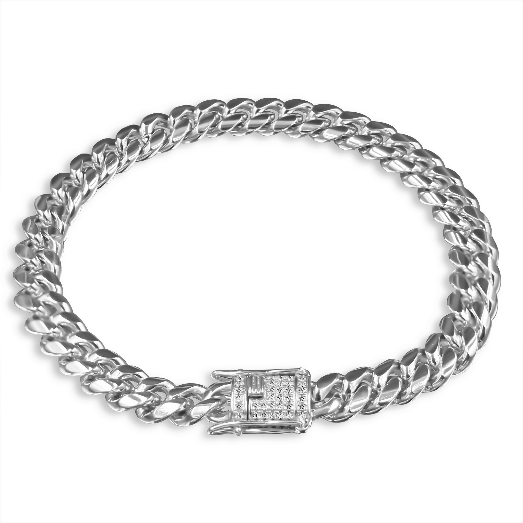 Steel CZ Lock Miami Cuban bracelet featuring interlocking links and a secure CZ flooded lock, available in two sizes.