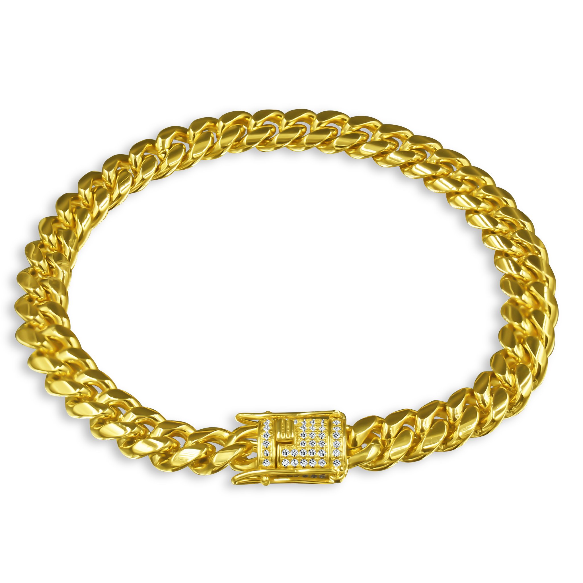 Steel CZ Lock Miami Cuban bracelet with gold plating, featuring a secure CZ flooded lock and interlocking links, available in two sizes.