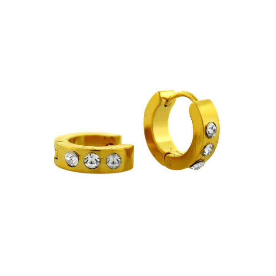 A pair of elegant Steel Gold Huggie CZ earrings featuring a gold finish and sparkling cubic zirconia accents, designed for everyday wear.