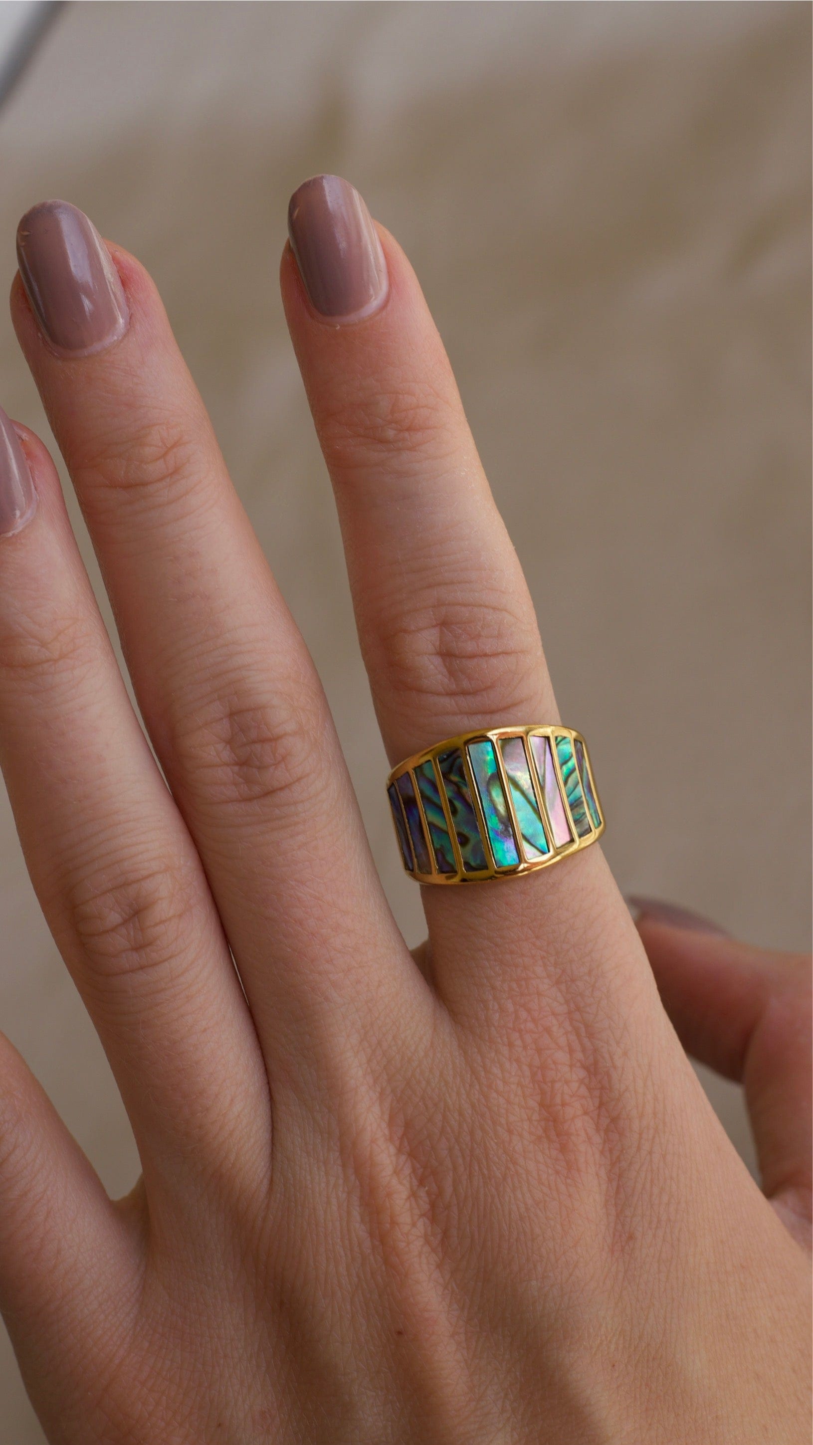 Stella Abalone Shell Statement Ring featuring geometric design and natural abalone shell stones, set in 18K gold plated stainless steel.