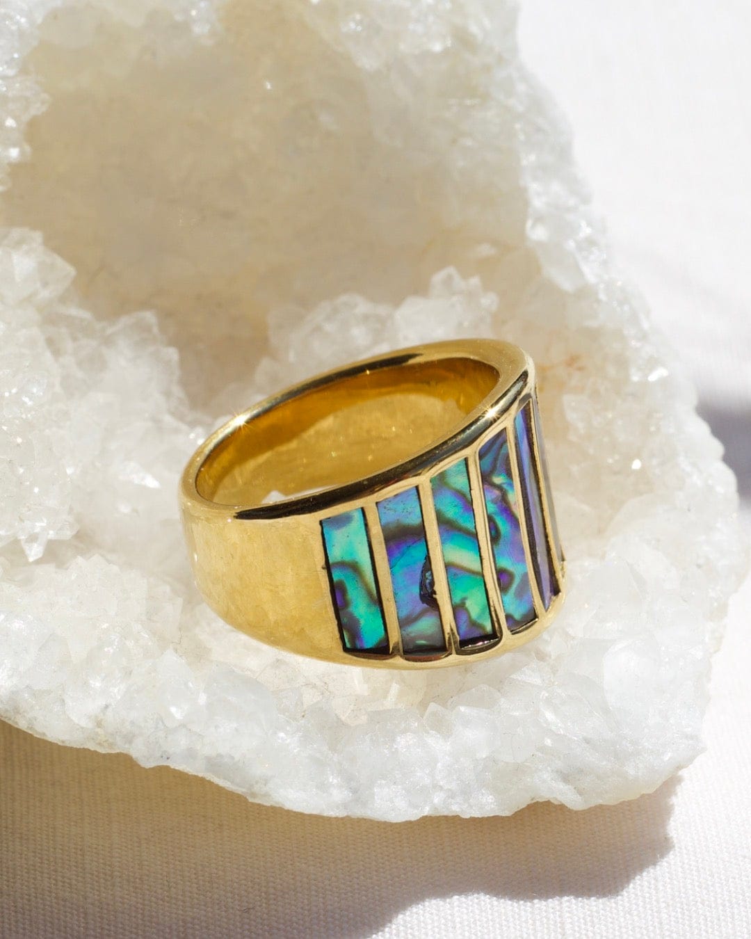 Stella Abalone Shell Statement Ring featuring geometric design and natural abalone shell stones, set in 18K gold plated stainless steel.