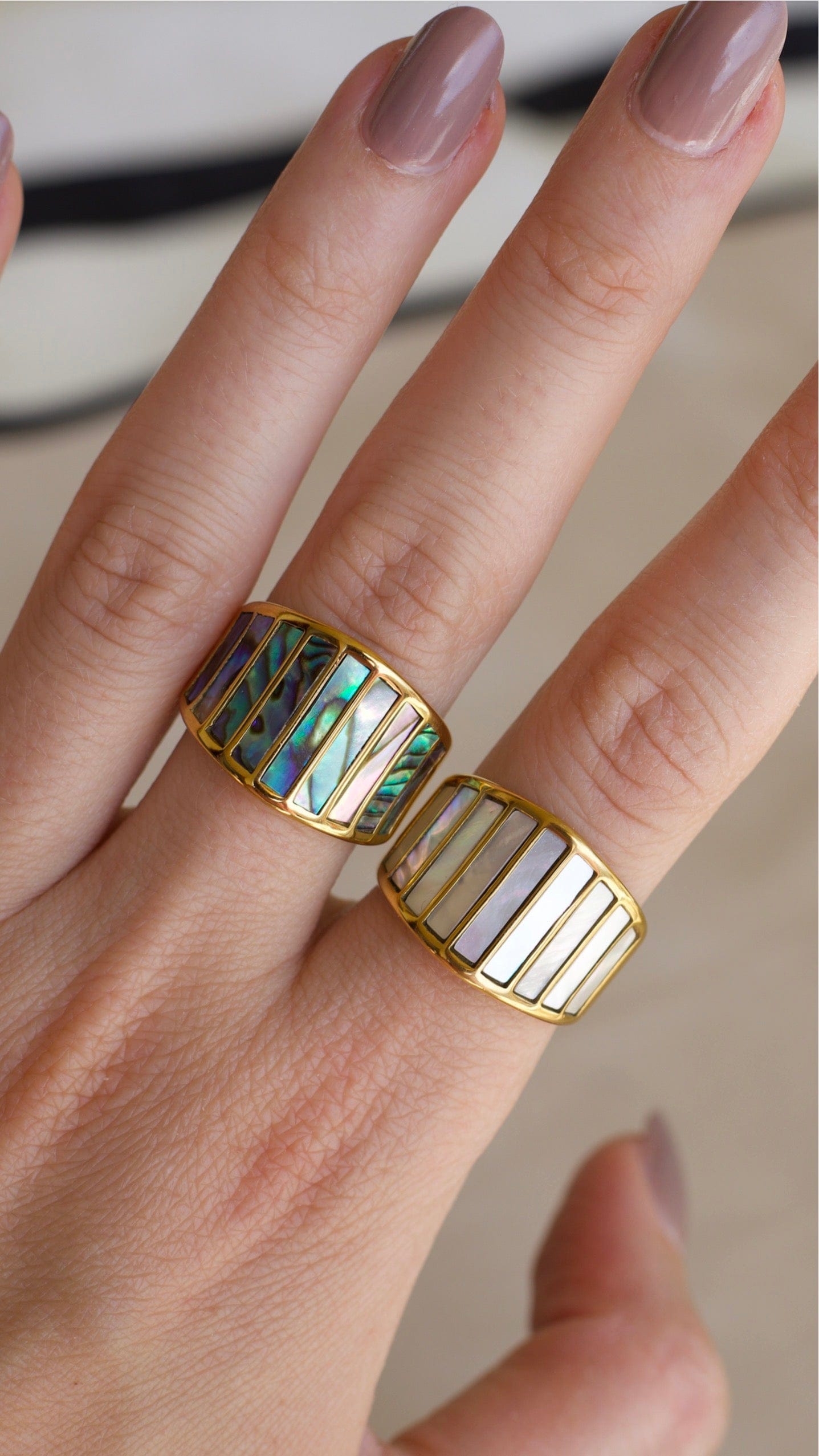 Stella Abalone Shell Statement Ring featuring geometric design and natural abalone shell stones, set in 18K gold plated stainless steel.